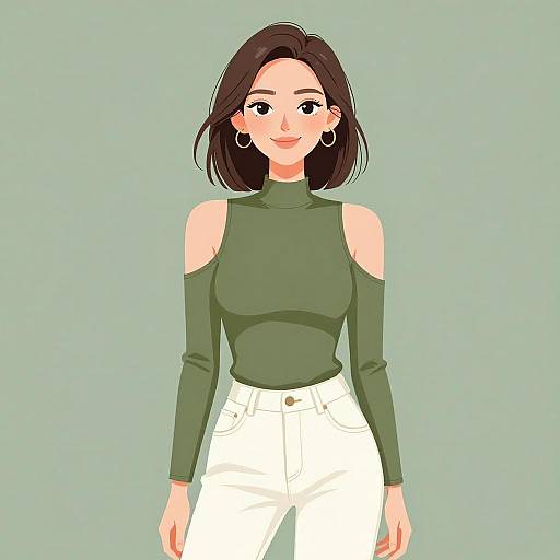 Digital illustration of a smiling woman with short brown hair, wearing a green sleeveless turtleneck and white high-waisted pants, against a light