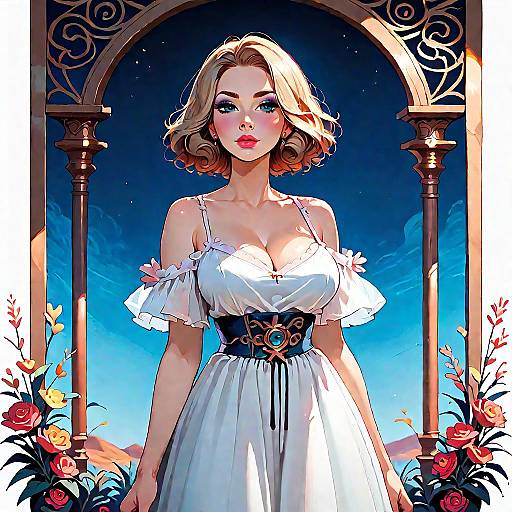 Blonde Woman in White Dress by Decorative Arch