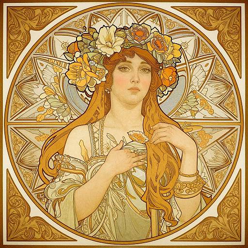 Art Nouveau-style digital illustration of a fair-skinned woman with long, flowing orange hair and floral crown, holding a flower, set within an orn