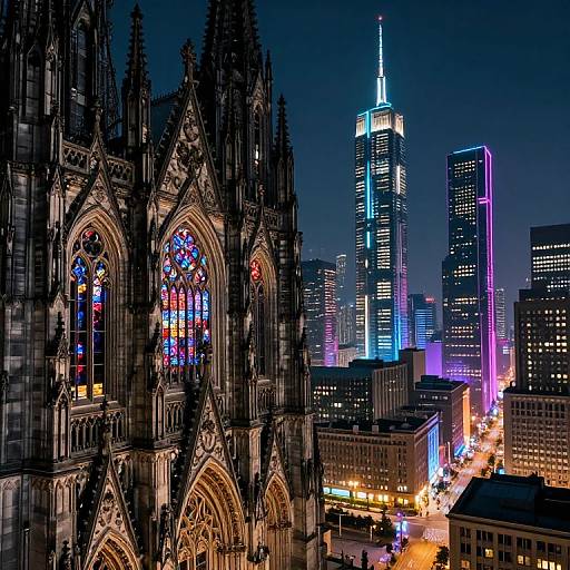 Photograph of a gothic cathedral with illuminated stained glass windows against a nighttime cityscape featuring brightly lit modern skyscrapers, including a prominent building with