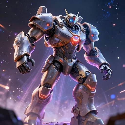 CGI image of a powerful, silver and blue robotic warrior with glowing red and blue lights, standing in a starry, glowing purple and pink background