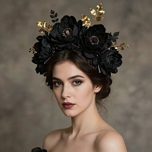 Photograph of a pale-skinned woman with dark brown hair, wearing a black floral headpiece with gold butterflies, dark lipstick, and an off-