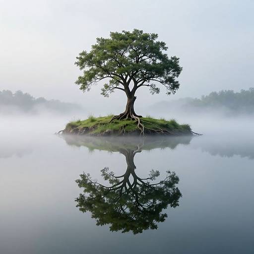 Photograph of a solitary, leafy tree on a small, grassy island surrounded by misty, reflective water, with a clear, blue sky