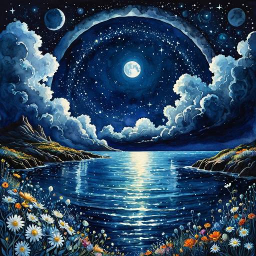 Celestial Night Over Ocean with Flowers