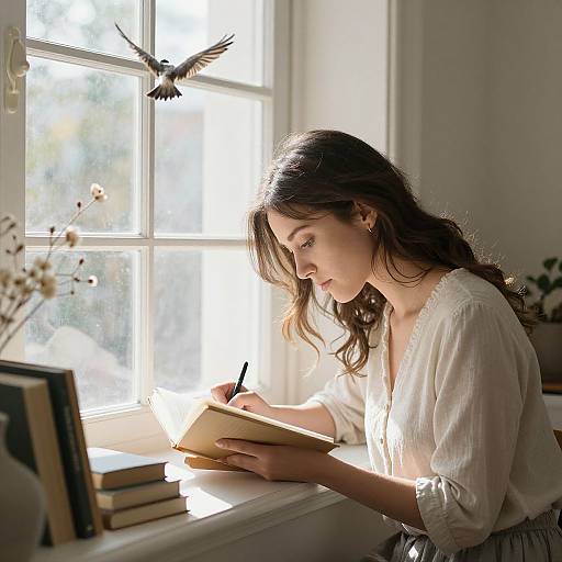 Photograph of a young woman with long brown hair, wearing a white blouse, writing in a notebook by a sunlit window, with a bird flying