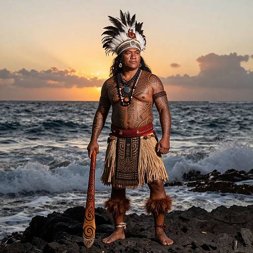 Photograph of a muscular, tattooed Native Hawaiian man with long black hair, wearing a feathered headpiece, traditional skirt, and holding a wooden