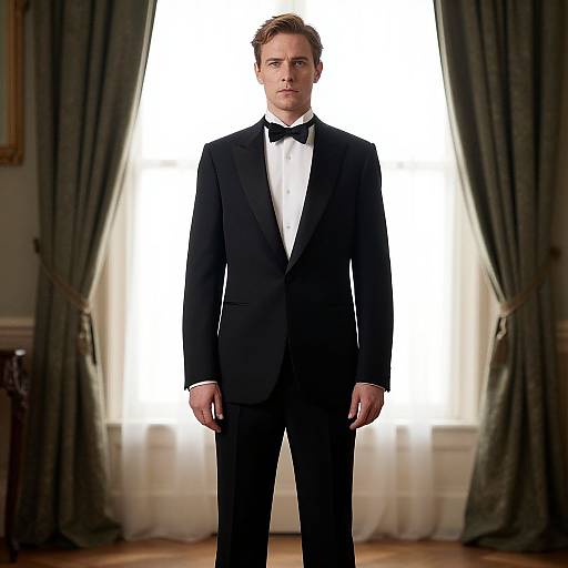 Photograph of a young Caucasian man with short brown hair, wearing a black tuxedo with a white shirt and black bow tie, standing against a