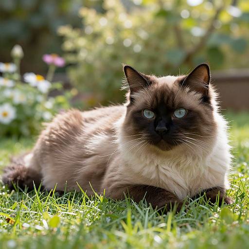 Photograph of a fluffy, blue-eyed Siamese cat with dark brown face, ears, and paws, lying on green grass in a sun
