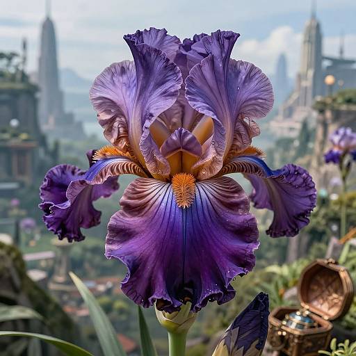 Photograph of a vivid purple iris with ruffled petals, orange and yellow accents, against a blurred, fantasy cityscape background.