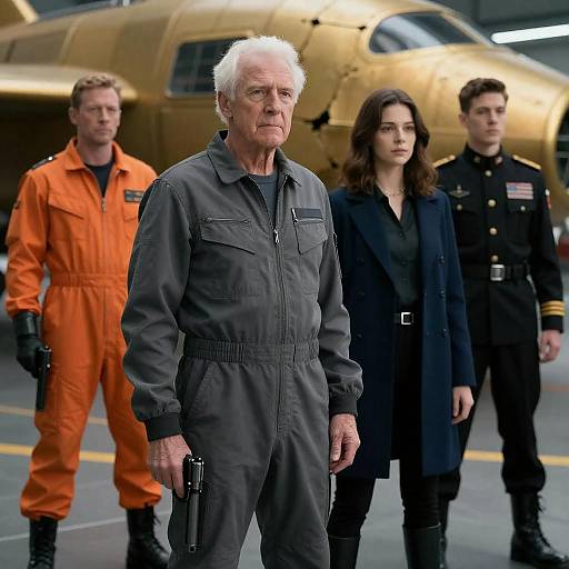 Group of serious people in futuristic military setting