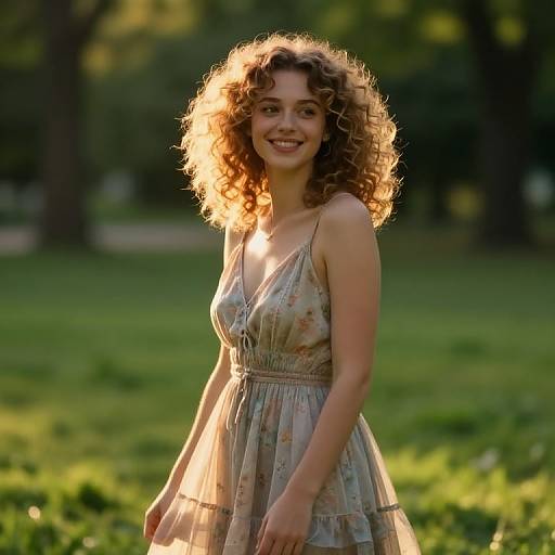 Photograph of a smiling young woman with curly brown hair, wearing a floral sundress, standing in a sunlit green park.