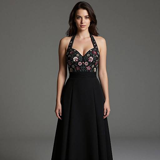 Photograph of a woman with long dark hair, wearing a black halter-neck gown with floral embroidery, standing against a gray background.