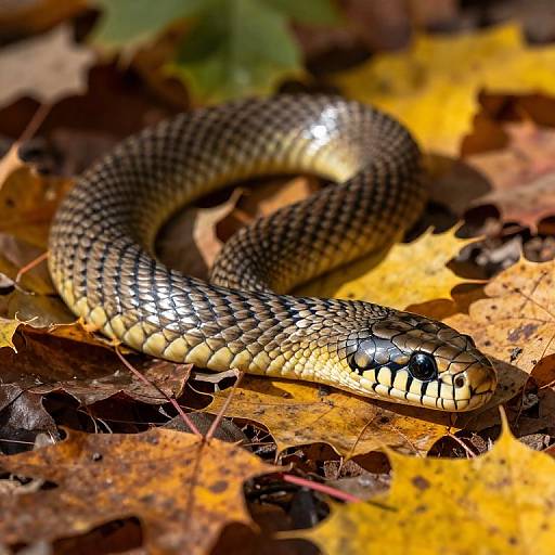 Photograph of a coiled, patterned snake with shiny scales, black and yellow eyes, and a yellow underbelly, resting on a bed