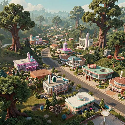 Aerial CGI of a vibrant, sunny town with colorful, vintage-style buildings, tall trees, and lush greenery, arranged along a central street.