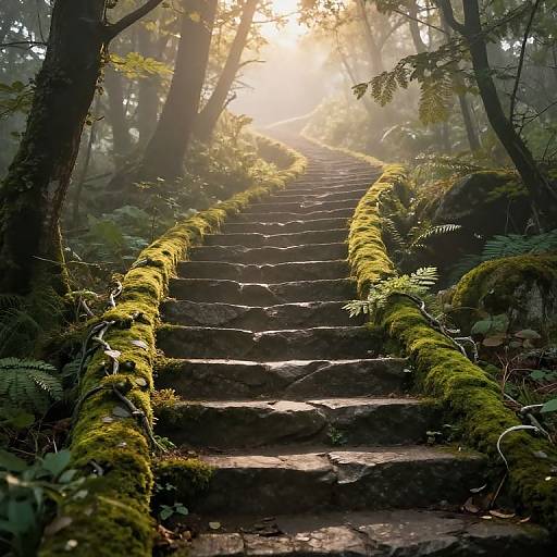 Photograph of a moss-covered stone staircase in a misty forest, sunlight filtering through dense trees in the background.