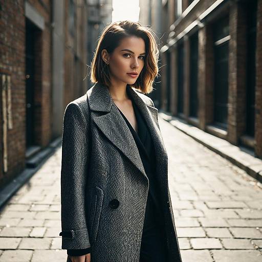 Woman with Layered Cut Hairstyle in Urban Alley