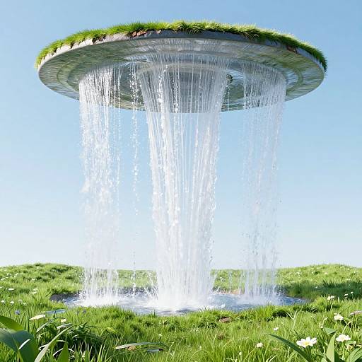 Photograph of a futuristic, grass-covered, disc-shaped structure with a central waterfall, set in a bright, blue sky above a lush green field.
