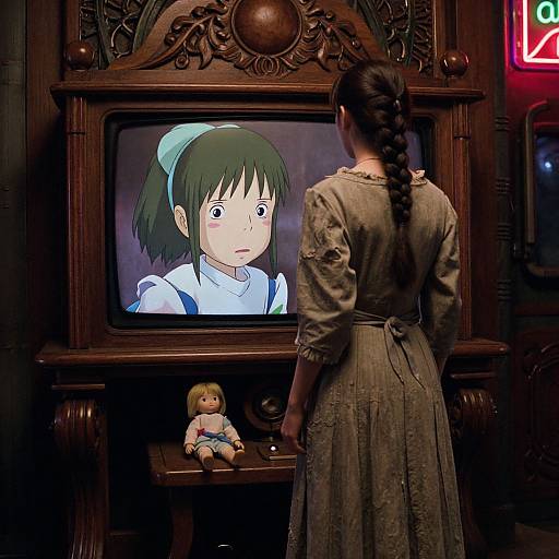 Woman with braided hair in old-fashioned dress watches surprised anime girl on TV; doll on wooden stand below. Dark, ornate room.