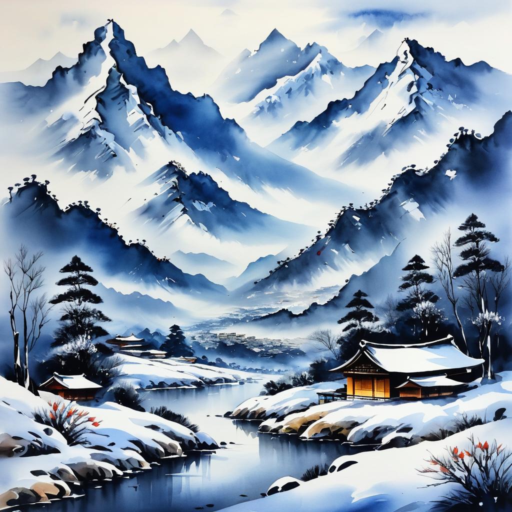 Majestic Winter Mountain Range in Ink