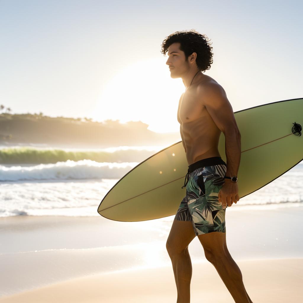 Morning Beach Stroll with Surfboard