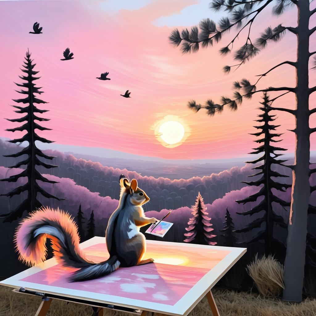 Whimsical Squirrel Painting a Sunset