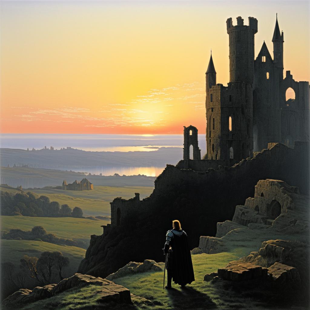 Dramatic Knight at Sunset Castle Ruins