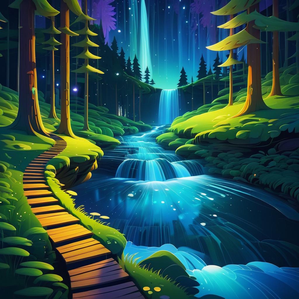 Whimsical Night Walk by Waterfall