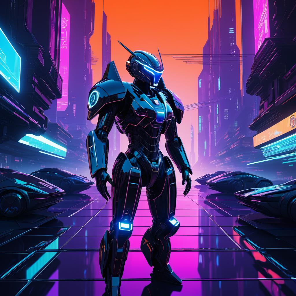 Futuristic Robot in Neon Cyberpunk City