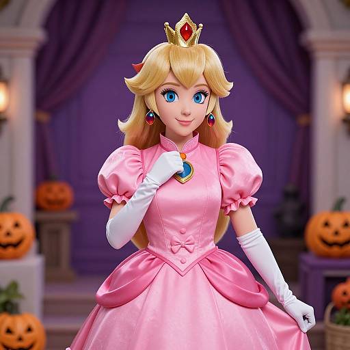 Digital art of Princess Peach in a pink ball gown, white gloves, golden crown with red gem, blue necklace, standing in a Halloween-themed room with