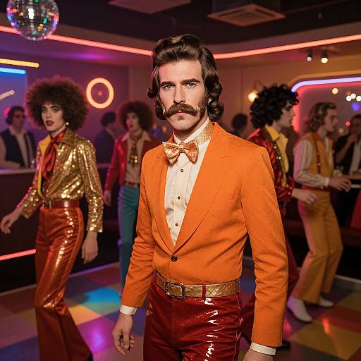 Photograph of a man with a mustache, wearing an orange jumpsuit and bowtie, dancing in a retro disco with colorful lights and other 