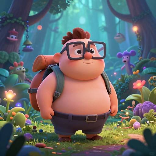 Digital CGI image of a chubby, bespectacled man with brown spiky hair, wearing dark pants and a backpack, standing in a vibrant,