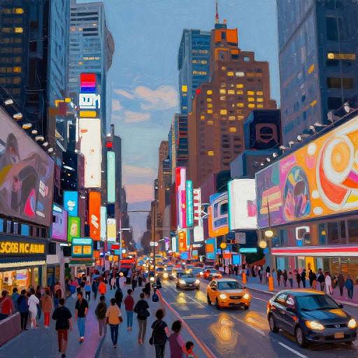 Vibrant photograph of a bustling New York City street at dusk, filled with neon lights, crowded sidewalks, and yellow taxis.