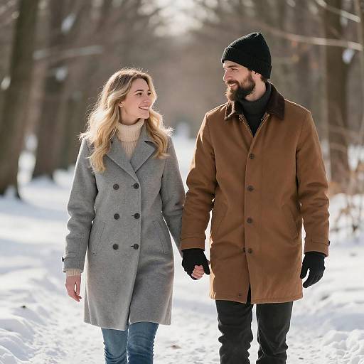 Sunlit Smiling Couple in Snowy Woods