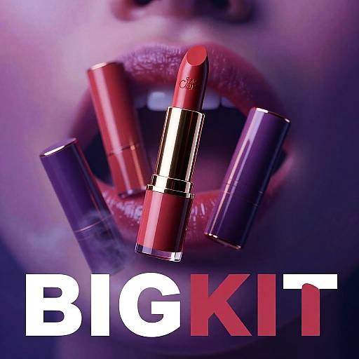 Photograph of a close-up mouth with glossy red lipstick, surrounded by four vibrant lipsticks (red, purple, silver, and black) against a