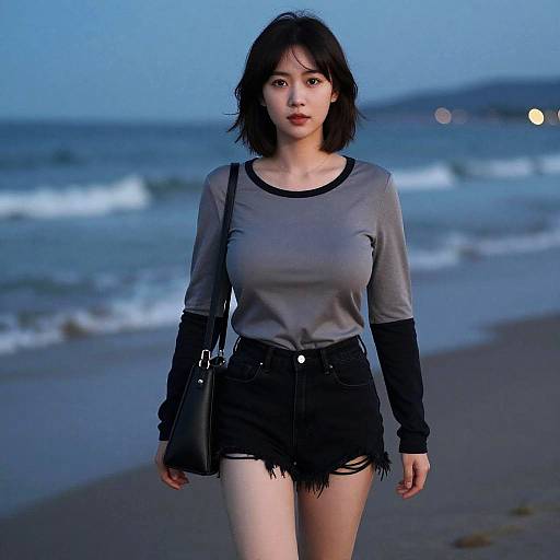 Photograph of an East Asian woman with short black hair, wearing a gray long-sleeve top and black frayed shorts, standing on a beach