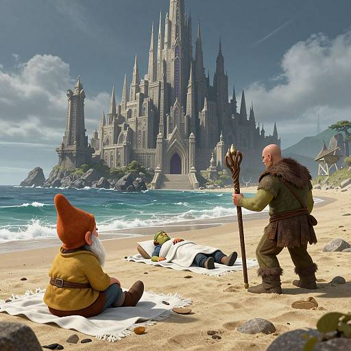 Digital artwork of a bearded gnome in yellow, a bald warrior with a staff, and a sleeping person on a sandy beach before a grand, Gothic