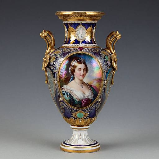 Ornate porcelain vase with gold accents and intricate designs, featuring a detailed portrait of a young woman in 19th-century attire.