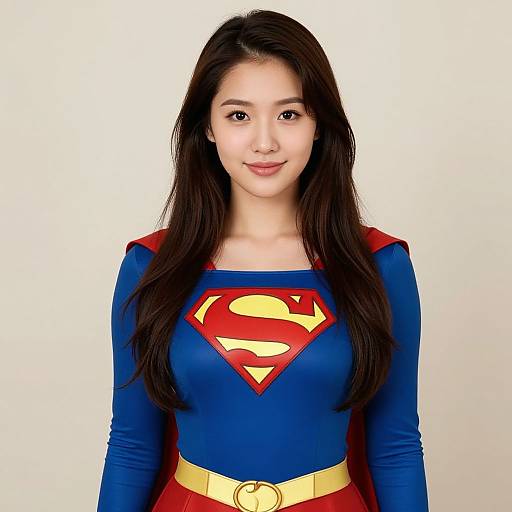 Photograph of an Asian woman with long black hair, wearing a blue Supergirl costume with red and yellow 'S' emblem, yellow belt,