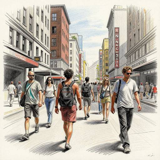 Digital illustration of a bustling city street with diverse pedestrians, including men and women in casual summer clothes, walking past tall buildings with storefronts and a 