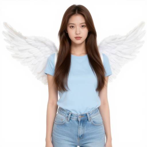 Photograph of an Asian woman with long brown hair, wearing a light blue t-shirt and high-waisted blue jeans, standing against a white background