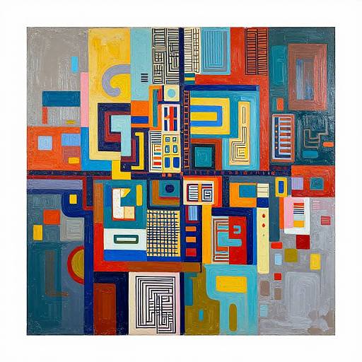 Abstract digital artwork featuring a vibrant, colorful mosaic of overlapping geometric shapes in red, blue, yellow, orange, and black.