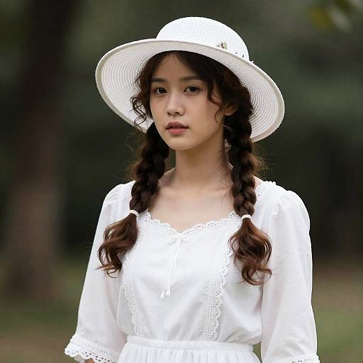 Elegant Woman in White Dress and Hat