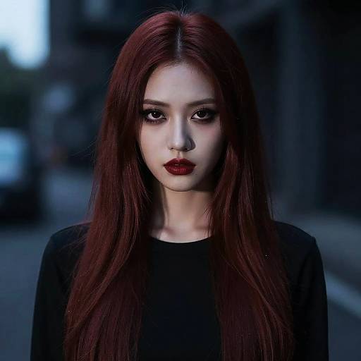 Photorealistic portrait of a pale-skinned woman with long, straight, dark red hair, wearing dark makeup and a black top, standing in a