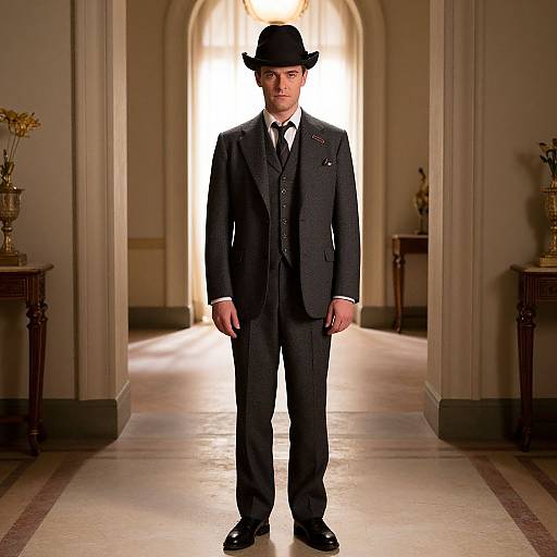 Photograph of a young man in a black Victorian-style suit, white shirt, black tie, and black bowler hat, standing in a brightly lit