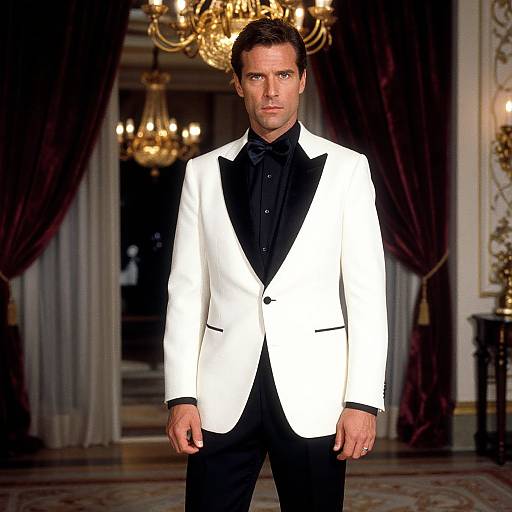 Photograph of a handsome man with short brown hair, wearing a white tuxedo with black lapels, black shirt, standing in an opulent
