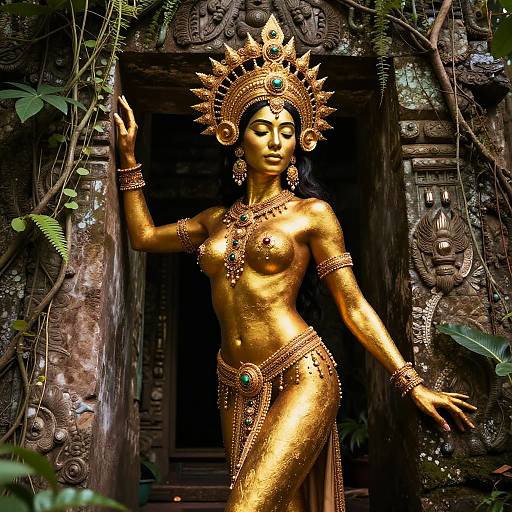 Photograph of a golden, topless Hindu deity statue with ornate headdress, jewelry, and loincloth, standing in a dark, ancient