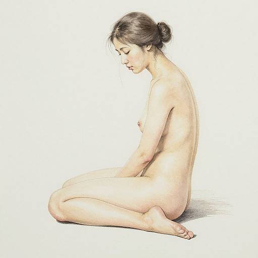 Digital drawing of a nude Asian woman with fair skin, dark hair in a bun, sitting cross-legged in profile, eyes closed, against a white background