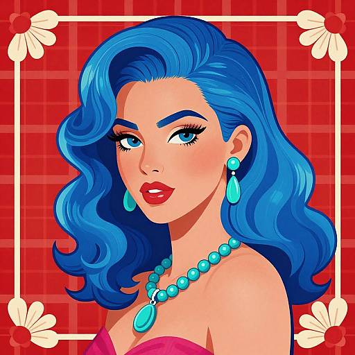 Digital illustration of a glamorous woman with vibrant blue hair, blue earrings, and necklace, against a red plaid background, wearing red lipstick and a pink