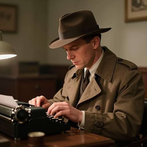 Photograph of a focused, young man in a brown trench coat and fedora, typing on an old-fashioned typewriter under a lamp.