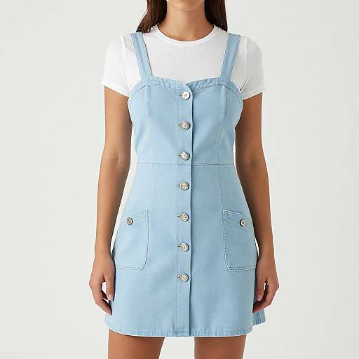 Photograph of a woman wearing a light blue, buttoned, sleeveless denim dress over a white short-sleeve shirt, standing against a white